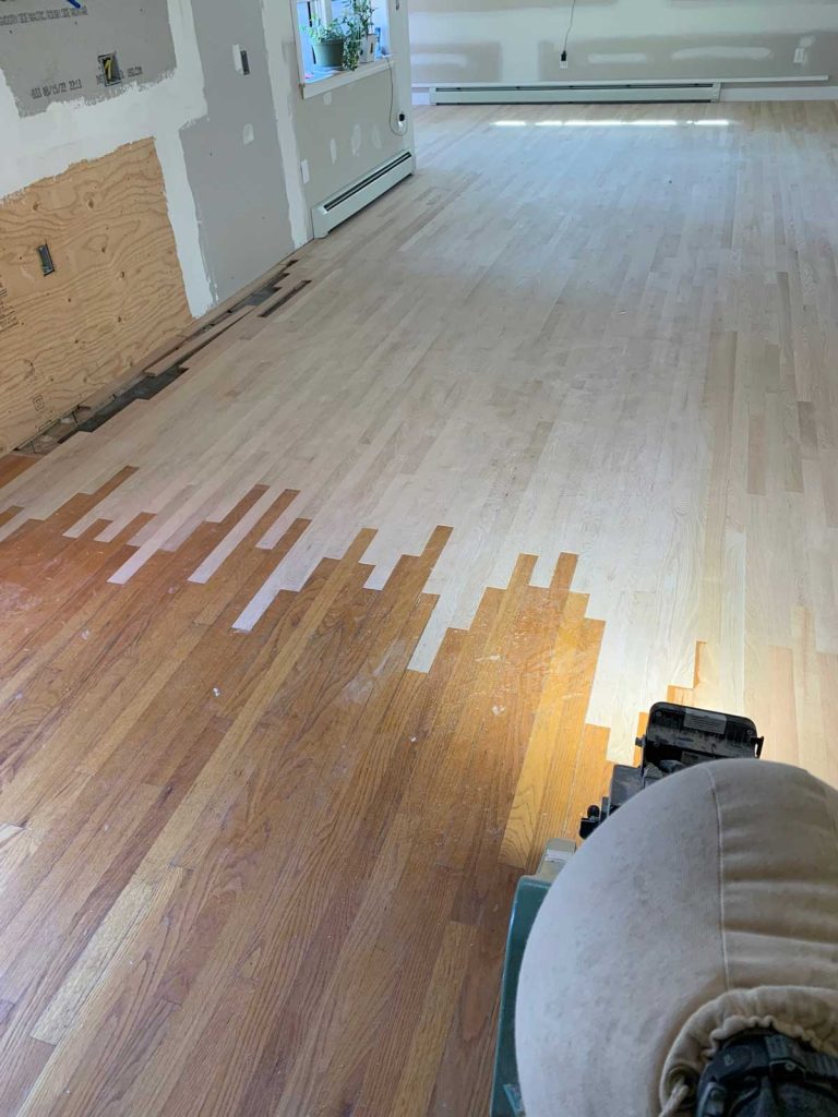 New hardwood floor, in the process of being stained